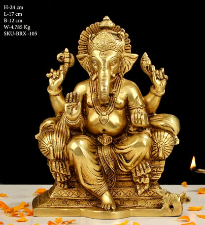 Brassaura™ Brass Ganesha Statue – Height 9.5 Inch, Weight 4.785 Kg | Solid Brass Murti
