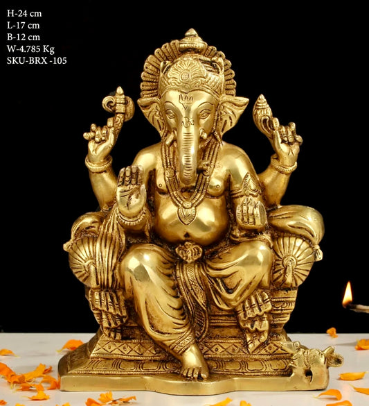 Brassaura™ Brass Ganesha Statue – Height 9.5 Inch, Weight 4.785 Kg | Solid Brass Murti