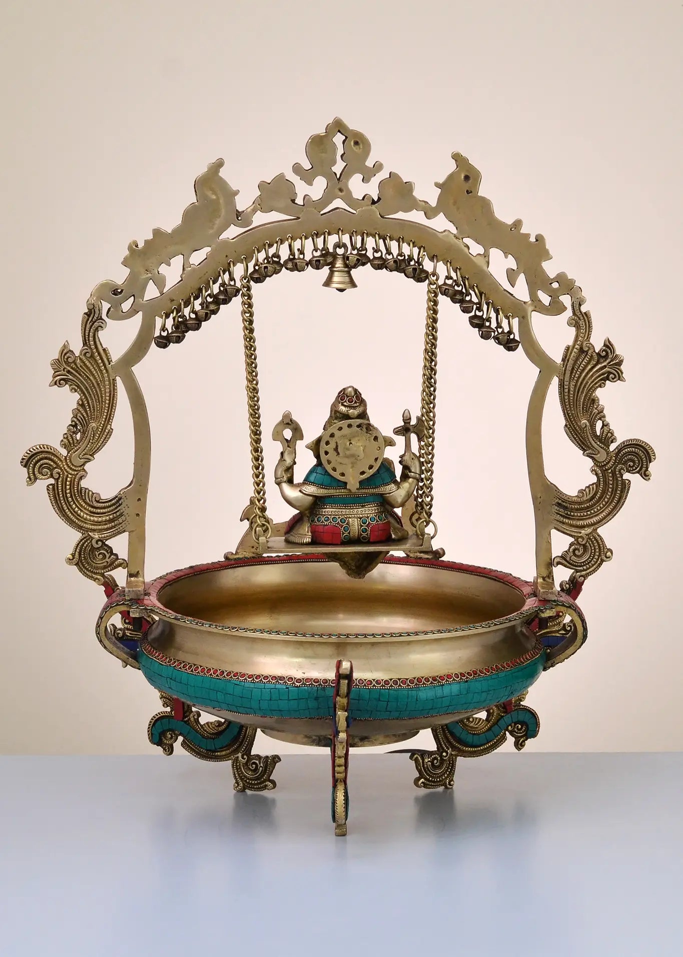 Brassaura™ Brass Ganesh Urli with Jhula & Stone Inlay Work for Grand Entrance Decor | 24 Inches | 14.25 kgs