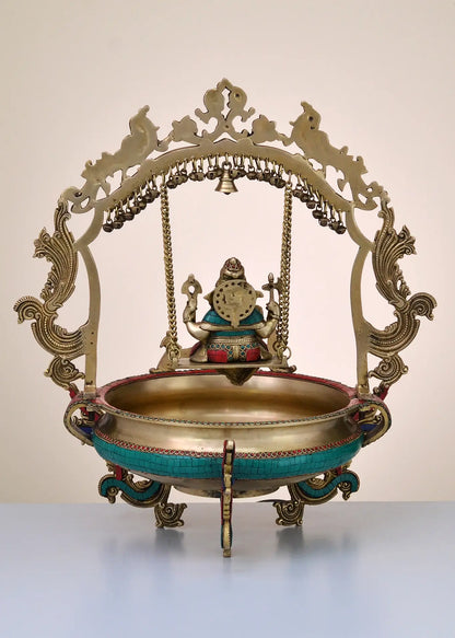 Brassaura™ Brass Ganesh Urli with Jhula & Stone Inlay Work for Grand Entrance Decor | 24 Inches | 14.25 kgs