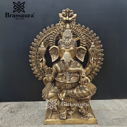 Brassaura™ Brass Big Ring Ganesha Statue for Home and Decor | Weight 130 Kgs | Height 50 Inches