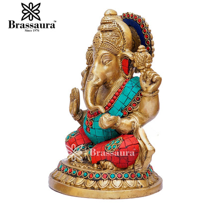 Brassaura™ Brass Gem Stone Work Ganesha Idol for Home and Decor | Weight 3 Kgs | Height 8 Inches