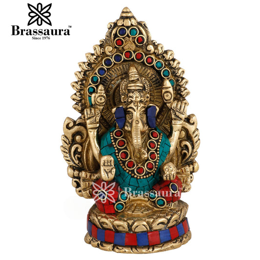 Brass Gem Stone Work Ganesha Statue For Home Decor And Gift Item Weight .9 Kg And Height 5.5 Inches