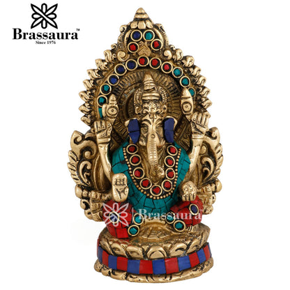 Brass Gem Stone Work Ganesha Statue For Home Decor And Gift Item Weight .9 Kg And Height 5.5 Inches