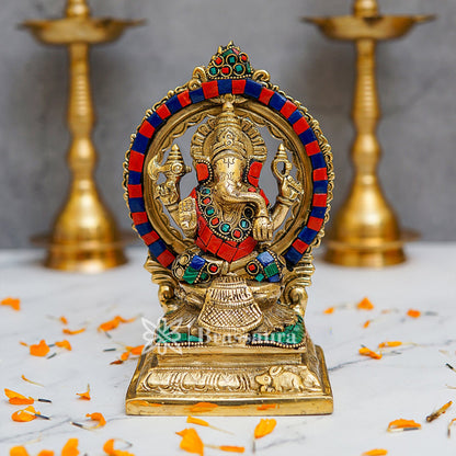 Brassaura™ Brass Gem Stone Work Ganesha Idol for Home and Decor | Weight 1.6 Kgs | Height 7 Inches
