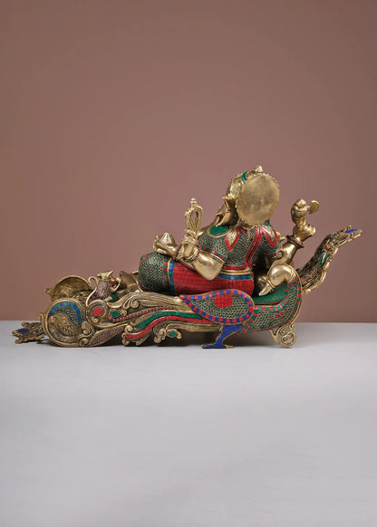 Brassaura™ Reclining Lord Ganesha Idol | Pure Brass with Meenakari Inlay Work | Height 17 Inches & Weight 13.35 Kgs