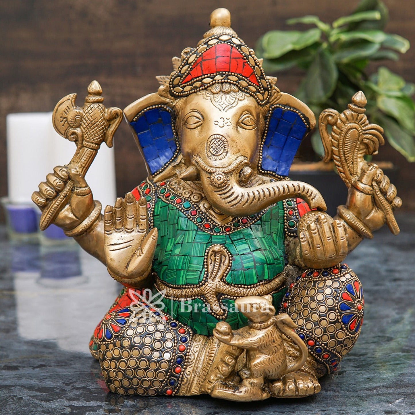 Brassaura™ Brass Gem Stone Work Ganesha Idol for Home and Decor | Weight 6 Kgs | Height 9 Inches
