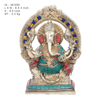 Brassaura™ Brass Gem Stone Work Ganesha Idol for Home and Decor | Weight 2.3 Kgs | Height 8.5 Inches