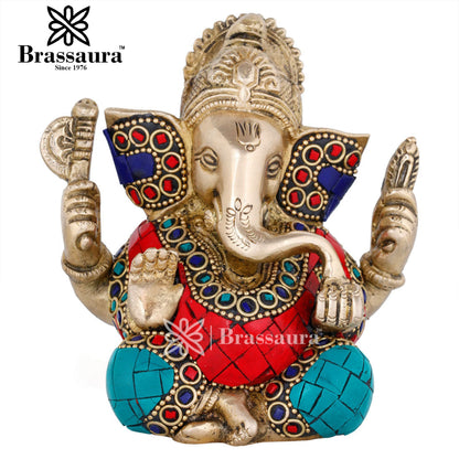 Brassaura™ Brass Ganesha Idol for Home and Decor | Weight 0.8 Kg | Height 4.5 Inches