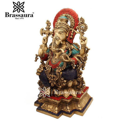 Brassaura™ Brass Gem Stone Work Ganesha Idol for Home and Decor | Weight 19 Kgs | Height 19 Inches