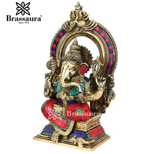 Brassaura™ Brass Gem Stone Work Ganesha Idol for Home and Decor | Weight 4.8 Kgs | Height 12 Inches