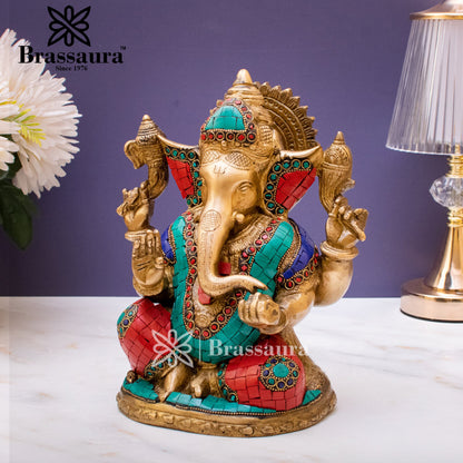 Brassaura™ Brass Gem Stone Work Ganesha Idol for Home and Decor | Weight 4.2 Kgs | Height 10 Inches