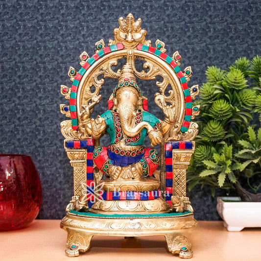 Brass Gem Stone Work Ganesha Statue For Home Decor And Gift Item Weight 4.4 Kg And Height 11.5 Inches