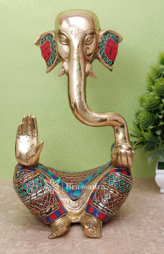 Brassaura™ Brass Gem Stone Work Ganesha Idol for Home and Decor | Weight 4.1 Kgs | Height 12 Inches