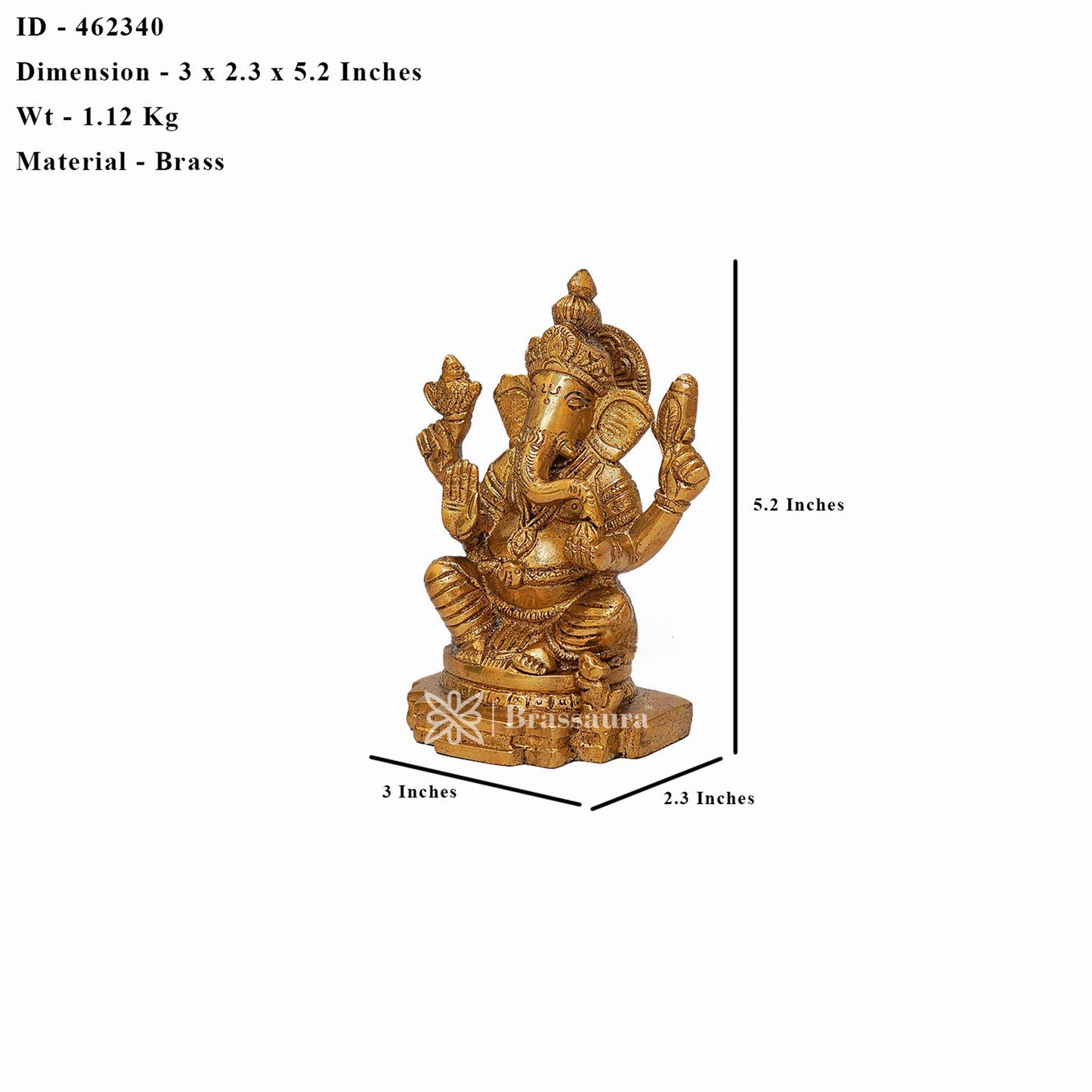 Brass Ganesha Statue For Home Decor And Gift Item Weight 1.1 Kg And Height 5.2 Inches