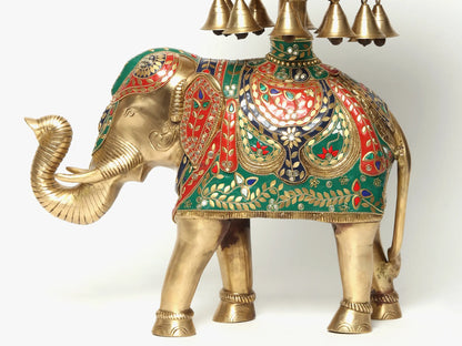 Brassaura® Royal Elephant Brass Urli with Inlay Work & Hanging Bells | Pure Brass | Height 20.7 Inches & Weight 18.35 kgs