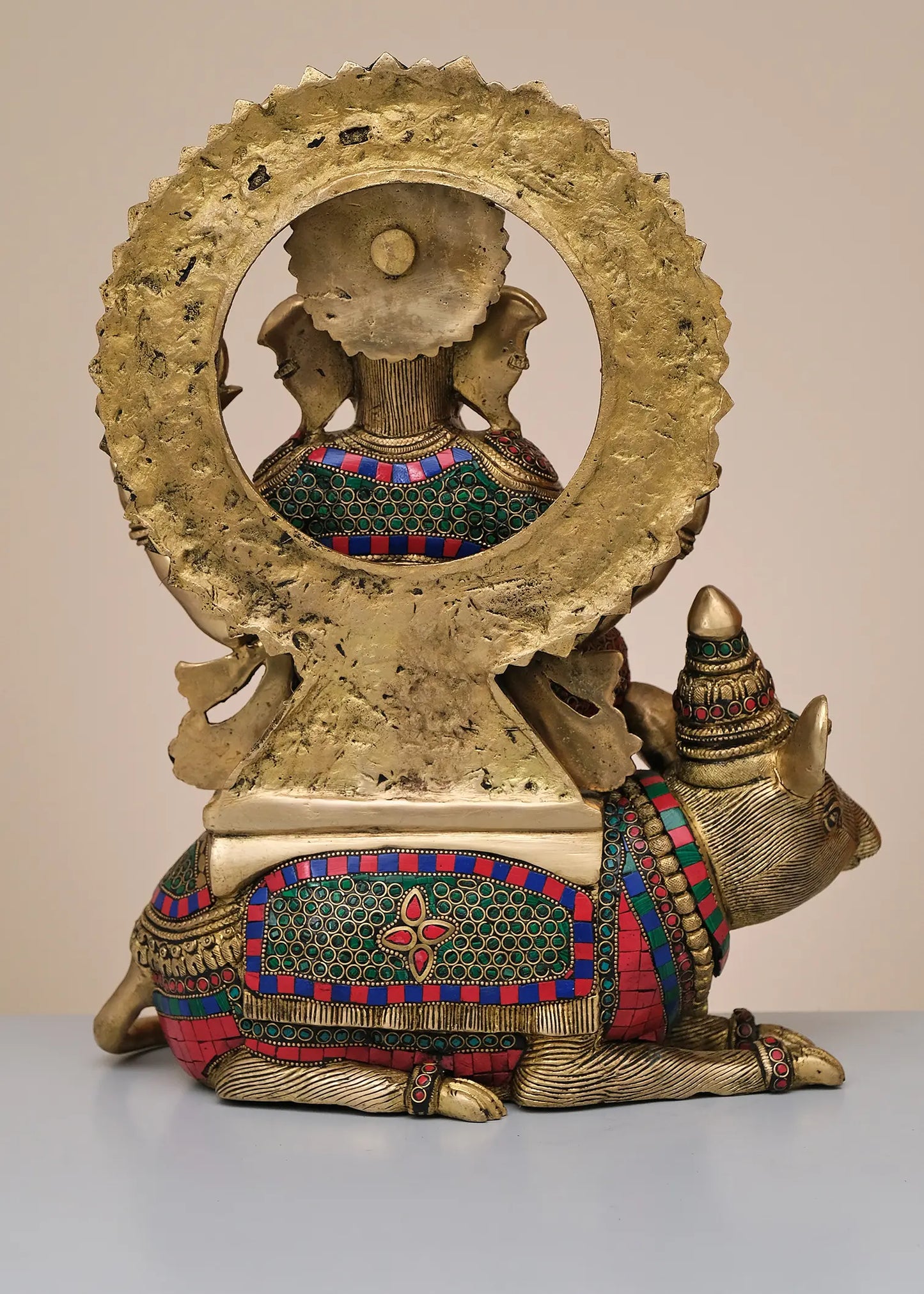 Brassaura™ Lord Ganesha Seated on Mushak | Pure Brass with Meenakari Inlay Work | Height 16 Inches & Weight 14.48 Kgs