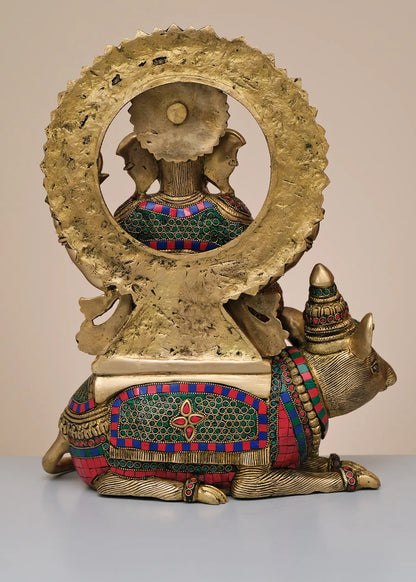 Brassaura™ Lord Ganesha Seated on Mushak | Pure Brass with Meenakari Inlay Work | Height 16 Inches & Weight 14.48 Kgs