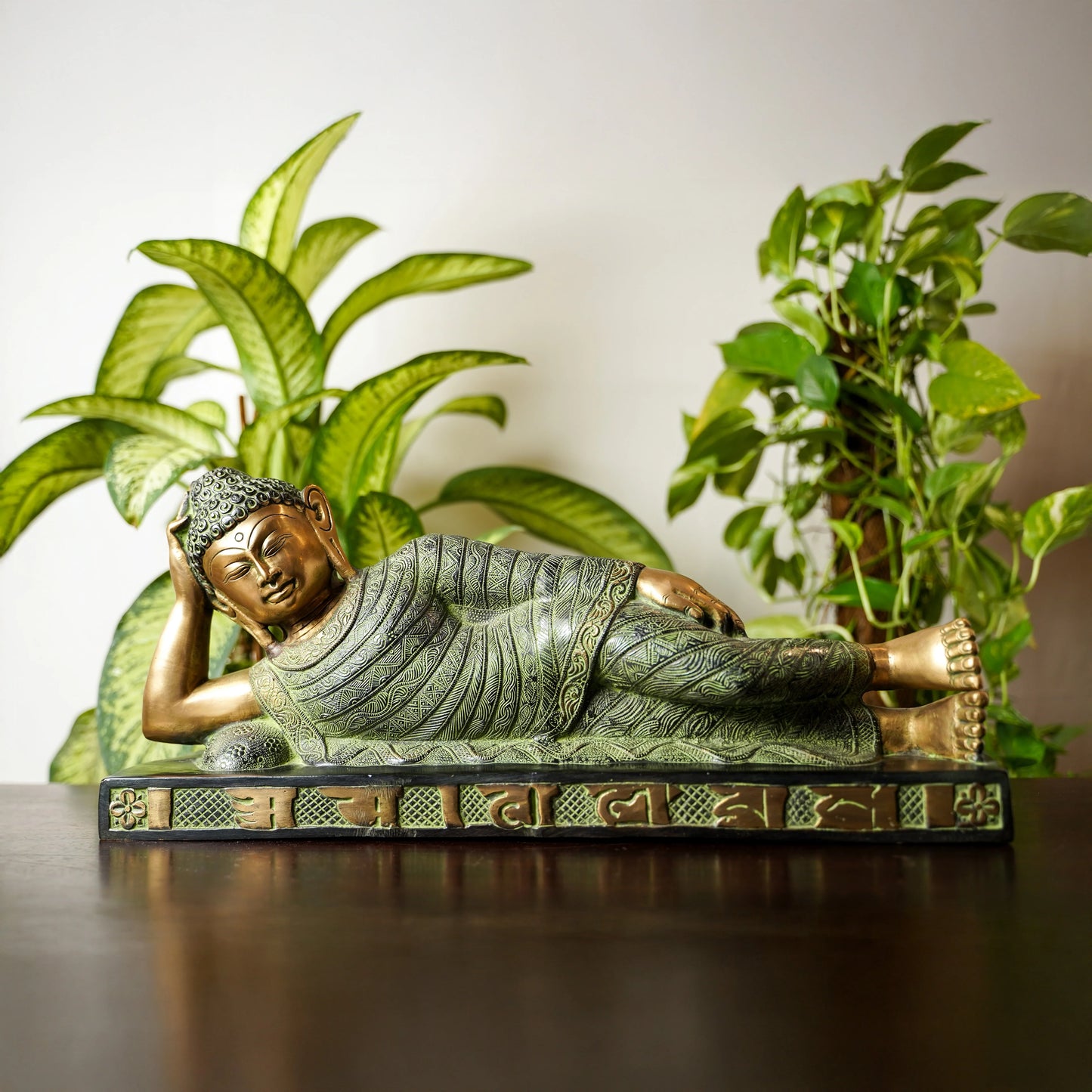 Brassaura® Reclining Buddha Brass Statue | Green Antique Finish | Height: 9.4 Inches & Weight 9.43 Kgs