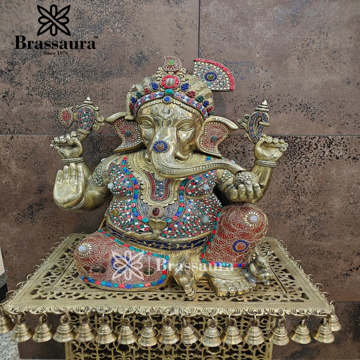 Brassaura™ Brass Gem Stone Work Ganesha Statue for Home and Decor | Weight 27 Kgs | Height 20 Inches