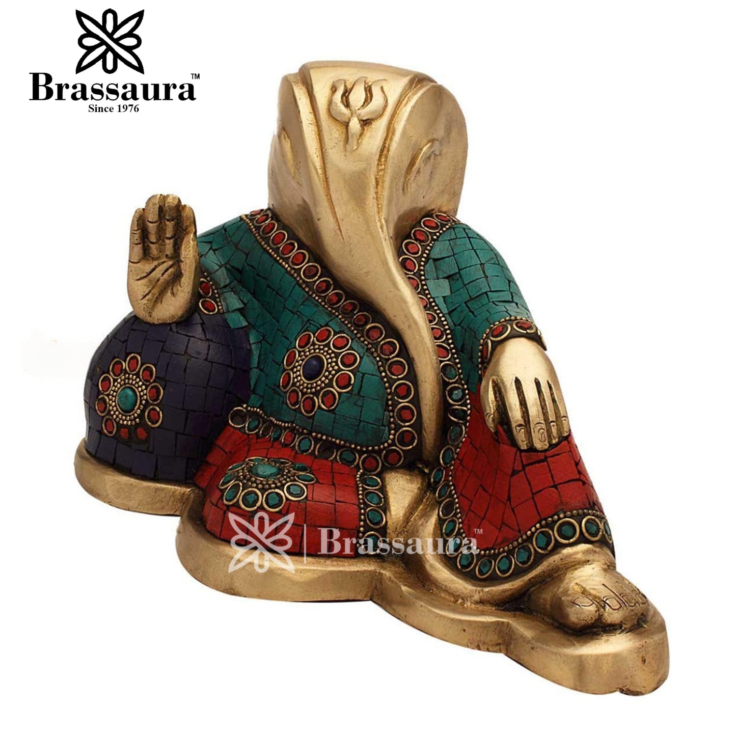Brass Gem Stone Work Relaxing Ganesh Statue For Home Decor Weight 3.6 Kg And Height 6 Inch
