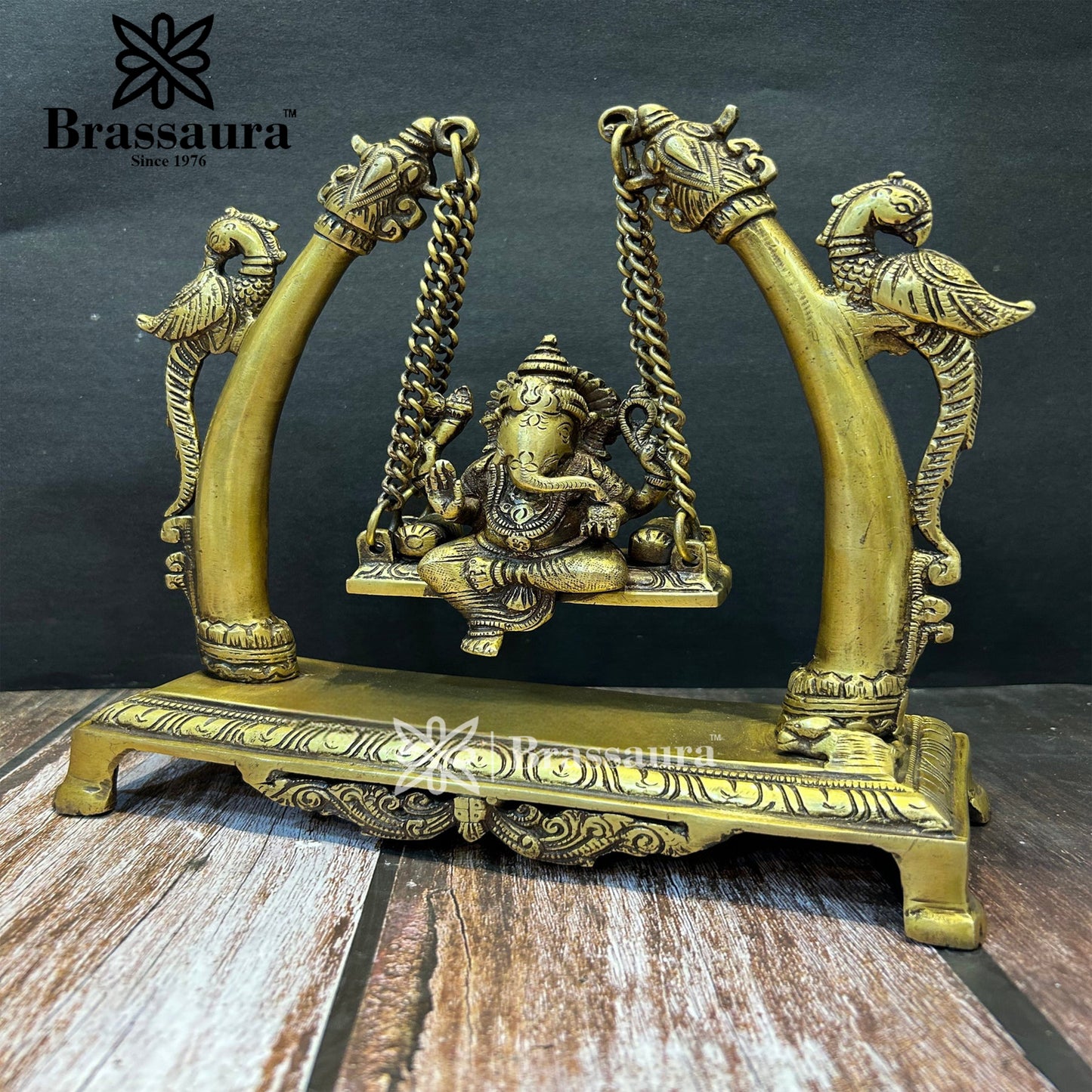 Brassaura™ Brass Ganesha Jhula Idol for Home and Decor | Weight 3.1 Kgs | Height 9.5 Inches