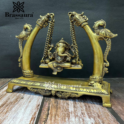 Brassaura™ Brass Ganesha Jhula Idol for Home and Decor | Weight 3.1 Kgs | Height 9.5 Inches