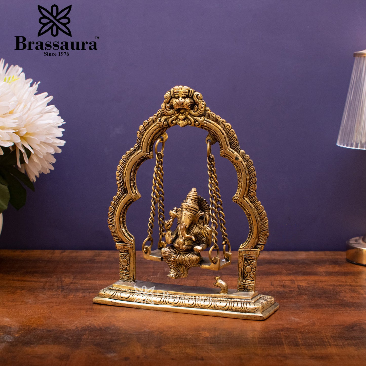 Brassaura™ Brass Ganesha Jhula Idol for Home and Decor | Weight 1.7 Kgs | Height 9 Inches
