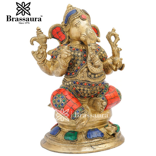 Brassaura™ Brass Gem Stone Work Ganesha Idol for Home and Decor | Weight 2.8 Kgs | Height 9 Inches