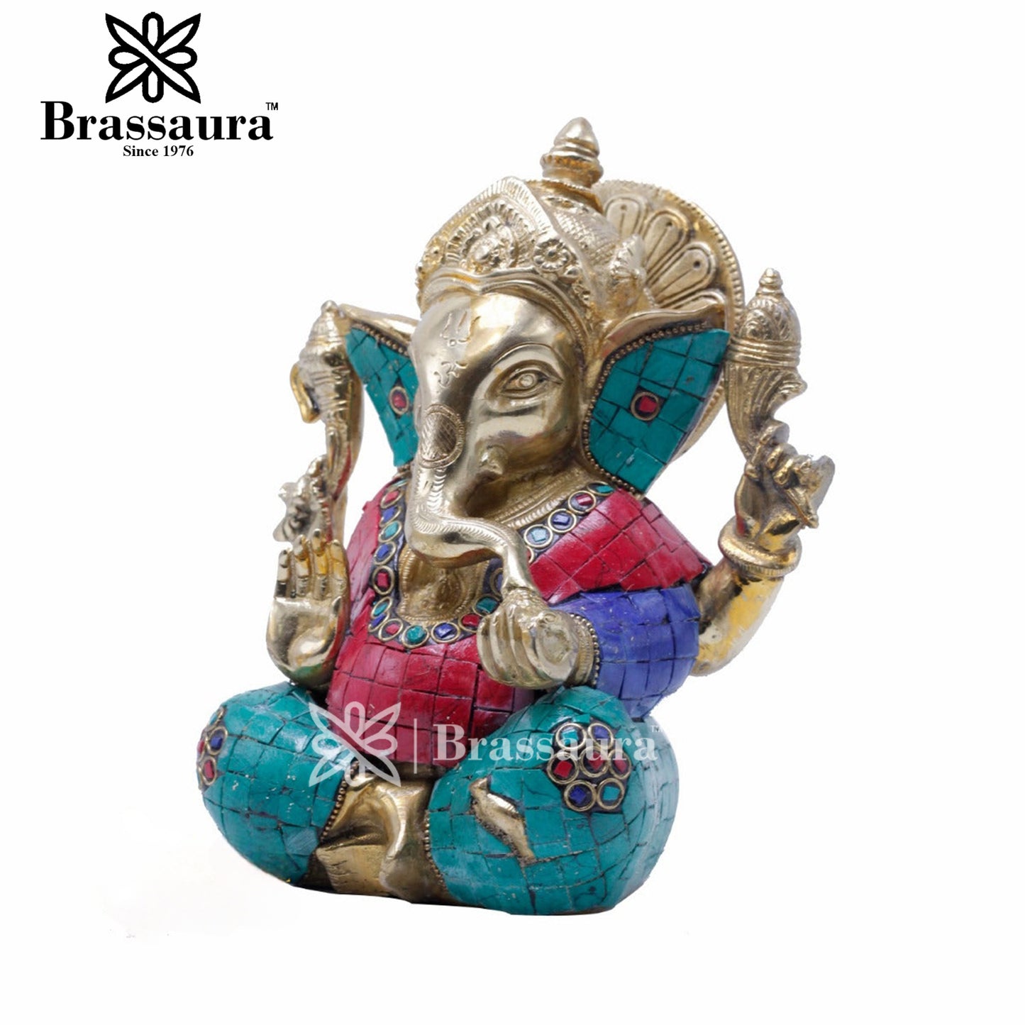 Brassaura™ Brass Gem Stone Work Ganesha Idol for Home and Decor | Weight 3.4 Kgs | Height 8 Inches