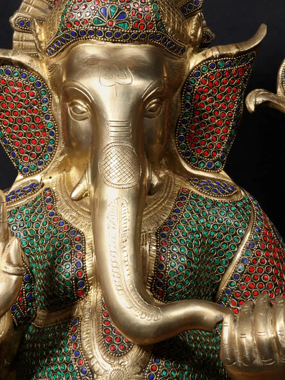 Brassaura™ Seated Lord Ganesha on Ornate Throne | Pure Brass with Meenakari Stonework | Height 23 Inches & Weight 31.86 Kgs