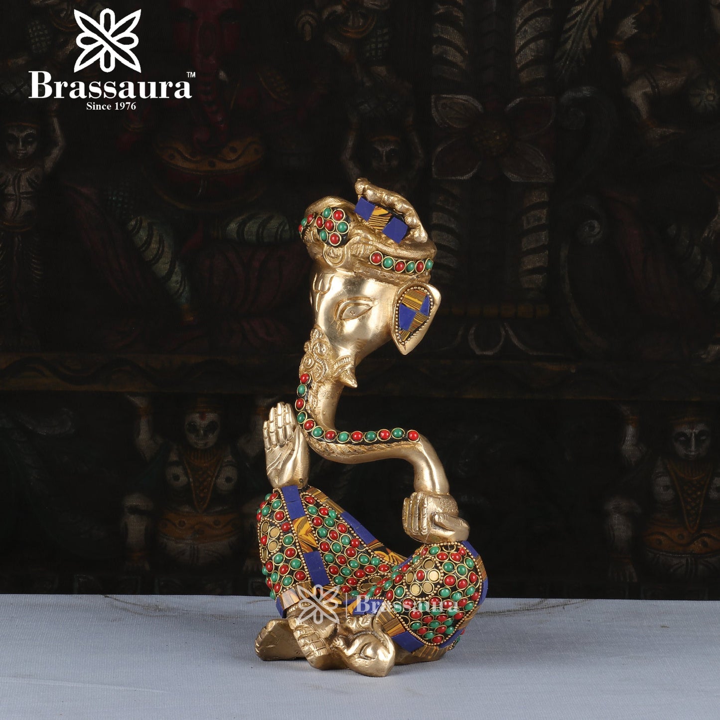 Brassaura™ Brass Gem Stone Work Modern Ganesha Idol for Home and Decor | Weight 2.95 Kgs | Height 10 Inches