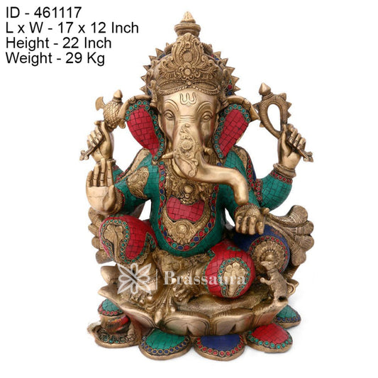 Brass Gem Stone Work Lotus Ganesha Statue For Home Decor And Gift Item Weight 29 Kg And Height 21 Inch