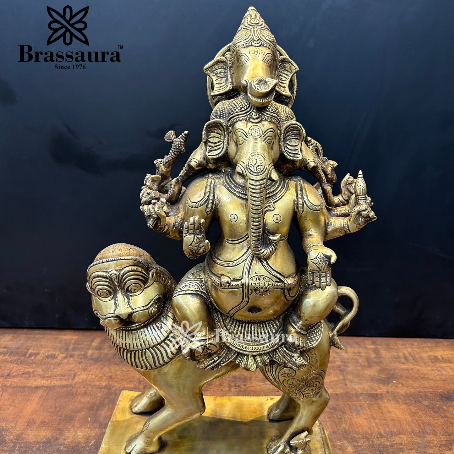Brassaura™ Brass Ganesha & Lion Idol for Home and Decor | Weight 20.4 Kgs | Height 22.05 Inches