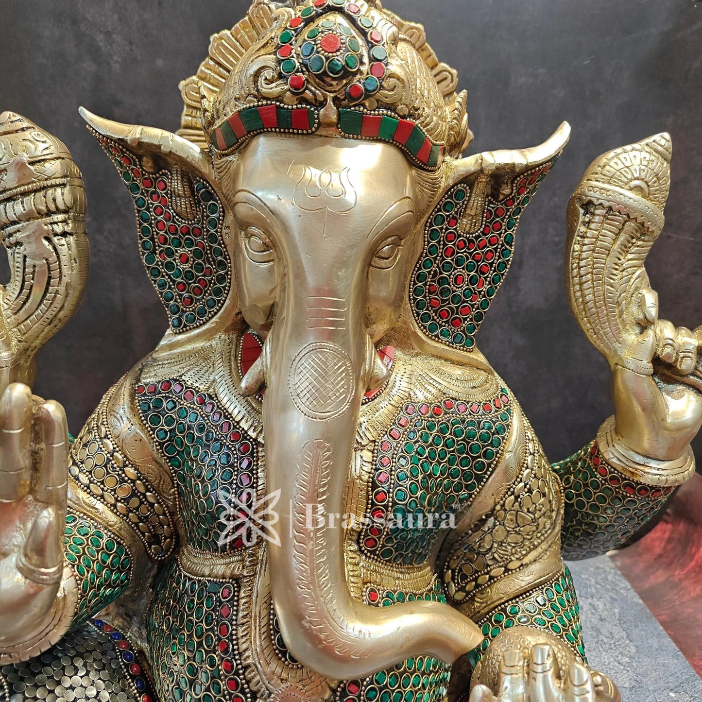 Brassaura™ Brass Gem Stone Work Ganesha Idol for Home and Decor | Weight 20 Kgs | Height 20 Inches