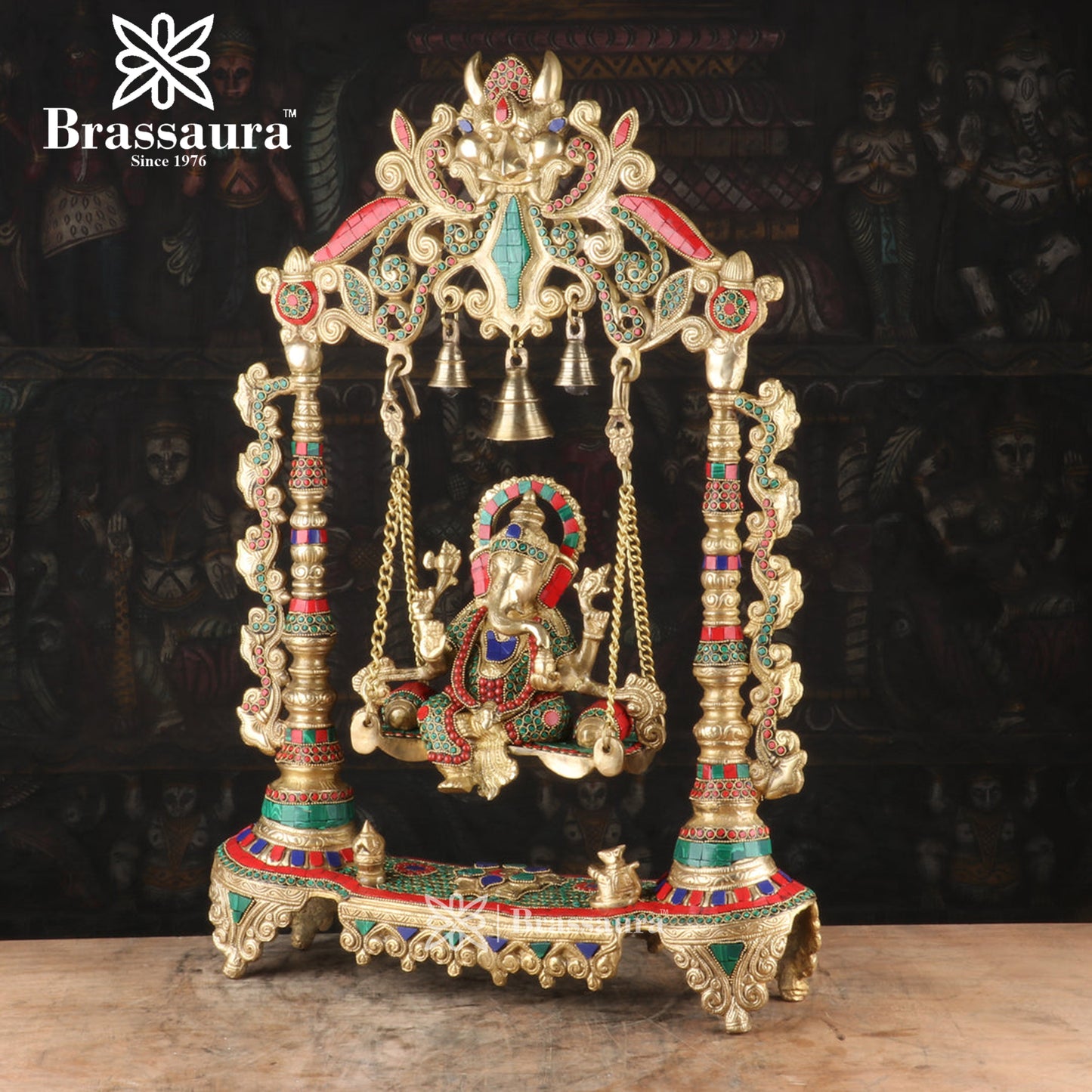 Brassaura™ Brass Gem Stone Work Ganesha Jhula Idol for Home and Decor | Weight 17 Kgs | Height 19.68 Inches