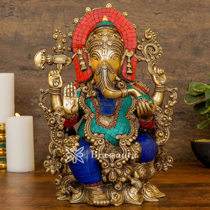 Brassaura™ Brass Gem Stone Work Jewellery Ganesha Idol for Home and Decor | Weight 13.5 Kgs | Height 16 Inches