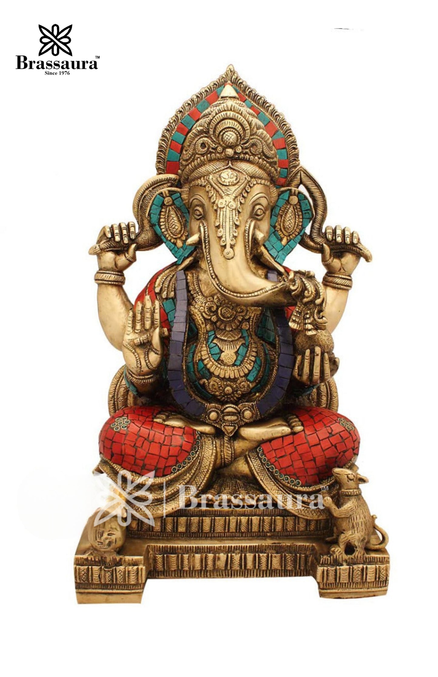 Brassaura™ Brass Gem Stone Work Jewellery Ganesha Idol for Home and Decor | Weight 16.7 Kgs | Height 18 Inches