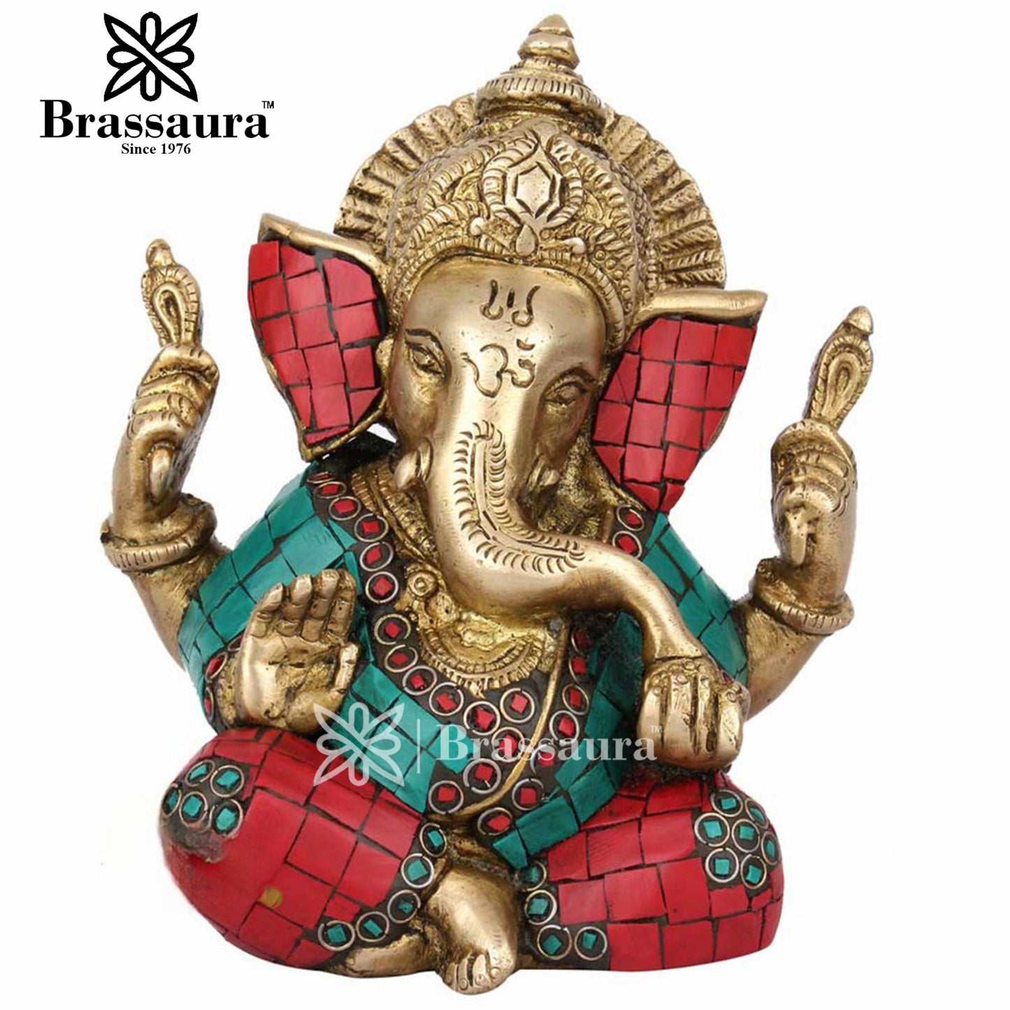 Brassaura™ Brass Gem Stone Work Ganesha Idol for Home and Decor | Weight 1.7 Kgs | Height 6 Inches