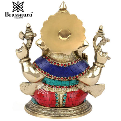 Brass Gem Stone Work Ganesha Statue For Home Decor And Gift Item Weight 6.8 Kg And Height 12 Inches