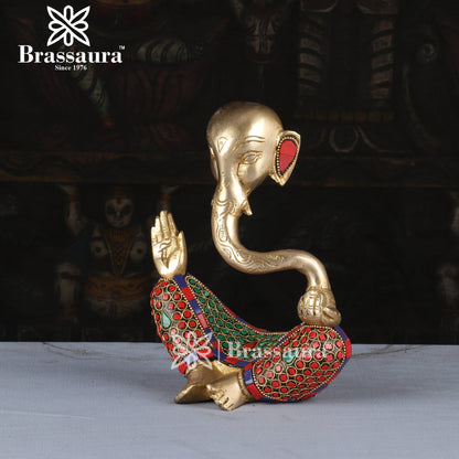 Brassaura™ Brass Gem Stone Work Modern Ganesha Idol for Home and Decor | Weight 2.2 Kgs | Height 7.87 Inches