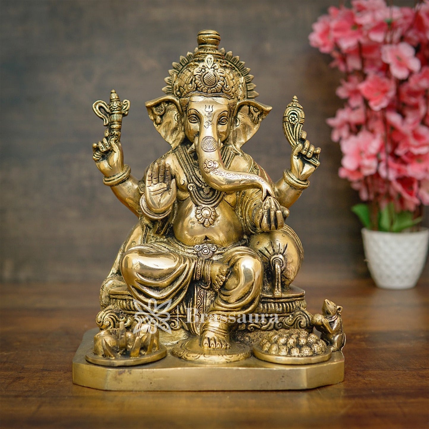 Brassaura™ Brass Ganesha Idol for Home and Decor | Weight 9.5 Kgs | Height 12.5 Inches