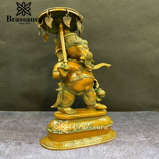 Brass Ganesha With Umbrella Statue For Home Decor And Gift Items Weight 5 Kg And Height 15.5 Inches