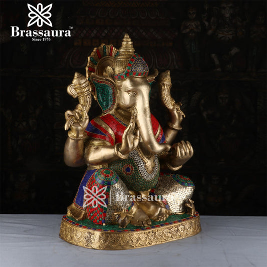 Brassaura™ Brass Gem Stone Work Ganesha Idol for Home and Decor | Weight 27.2 Kgs | Height 22 Inches