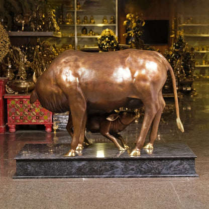 Brassaura® Brass Cow and Calf Idol with Granite Base | Height 34 Inches