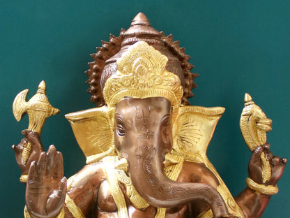 Brassaura™ Reclining Lord Ganesha on Chowki | Pure Brass Seated Idol | Height 16 Inches