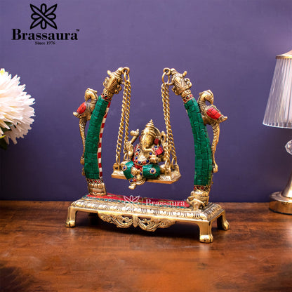 Brassaura™ Brass Gem Stone Work Ganesha Jhula Idol for Home and Decor | Weight 3.37 Kgs | Height 9.5 Inches