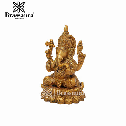 Brassaura™ Brass Lotus Ganesha Idol for Home and Decor | Weight 1.4 Kgs | Height 5.8 Inches
