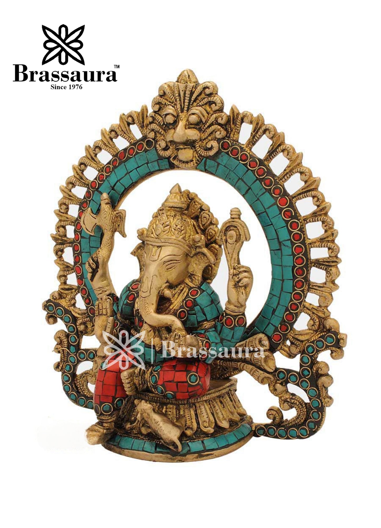 Brass Gem Stone Work Ring Ganesha Statue For Home Decor Weight 2.7 Kg And Height 9 Inch