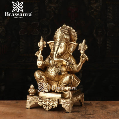 Brassaura™ Brass Chowki Ganesha Idol for Home and Decor | Weight 5.6 Kgs | Height 11 Inches